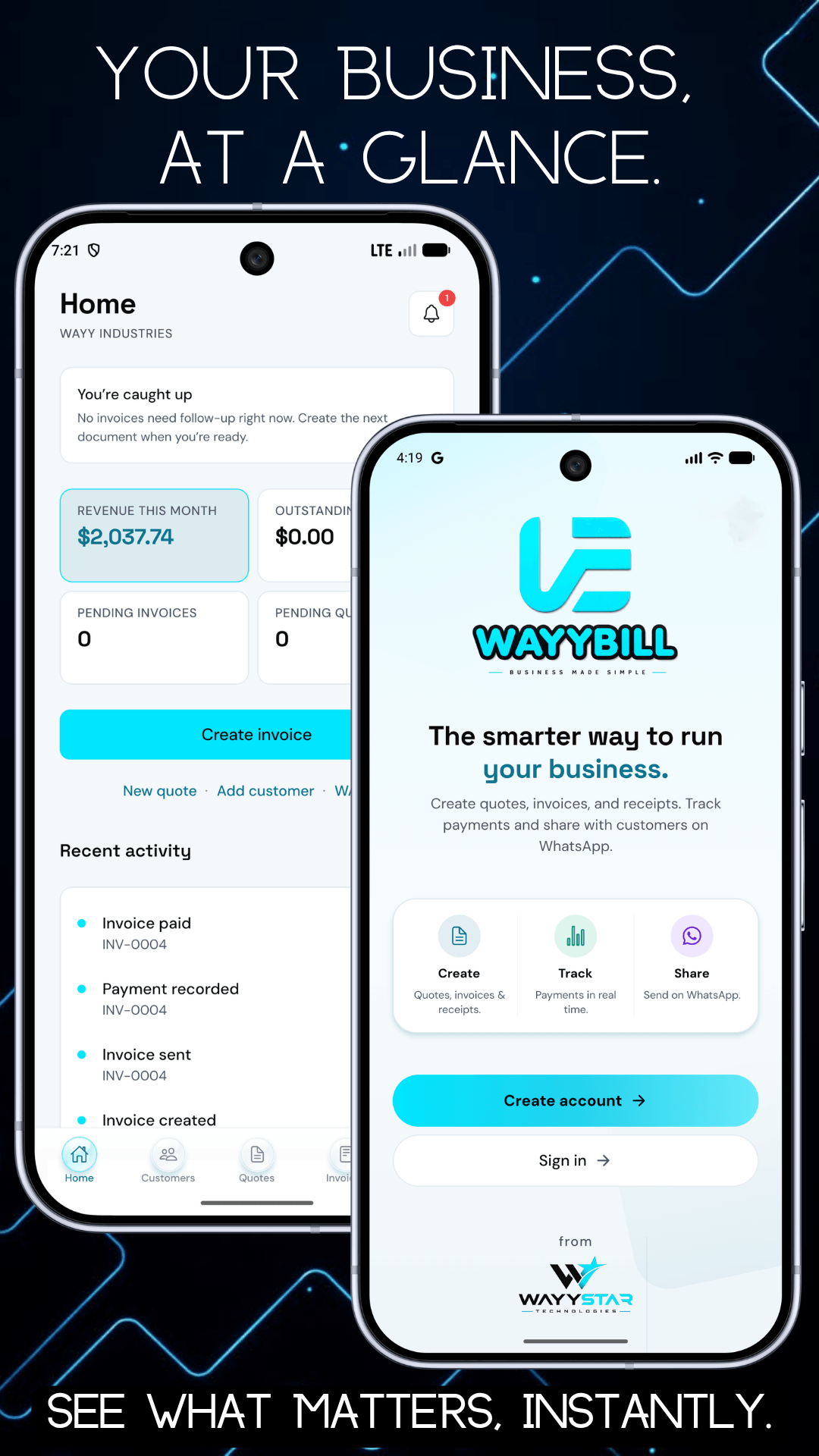 Wayybill home dashboard and welcome screens