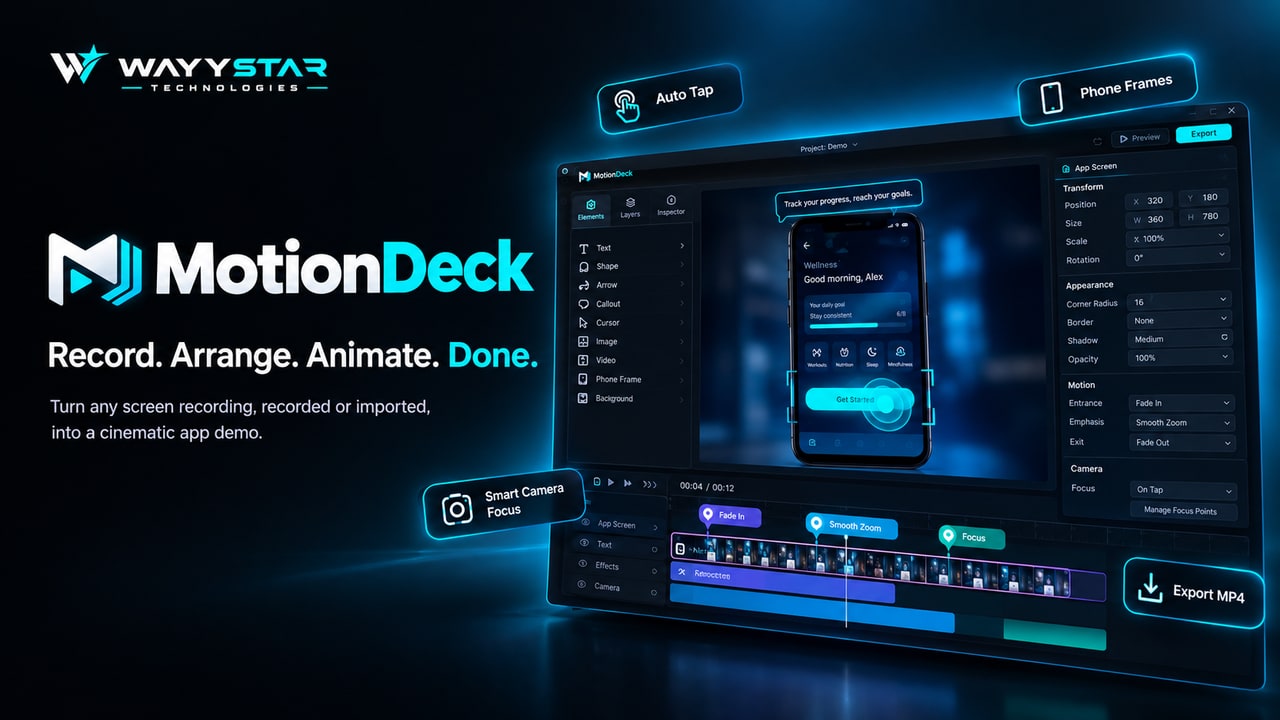 MotionDeck: Record. Arrange. Animate. Done. Turn any screen recording into a cinematic app demo with Auto Tap, phone frames, smart camera focus, and MP4 export.
