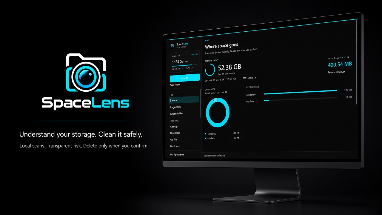 SpaceLens: Understand your storage. Clean it safely. Local scans, transparent risk, delete only when confirmed.